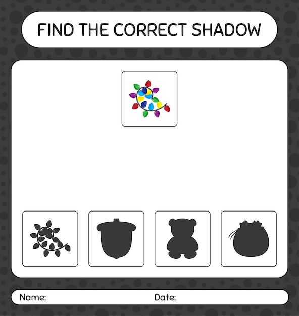 Vind het juiste schaduwspel met snaarlicht. werkblad voor kleuters, activiteitenblad voor kinderen