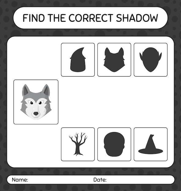 Vind het juiste schaduwspel met wolf. werkblad voor kleuters, activiteitenblad voor kinderen