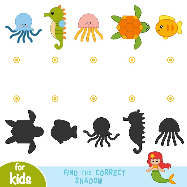 Vind het juiste spel voor schaduweducatie voor kinderen Cartoon set zeedieren