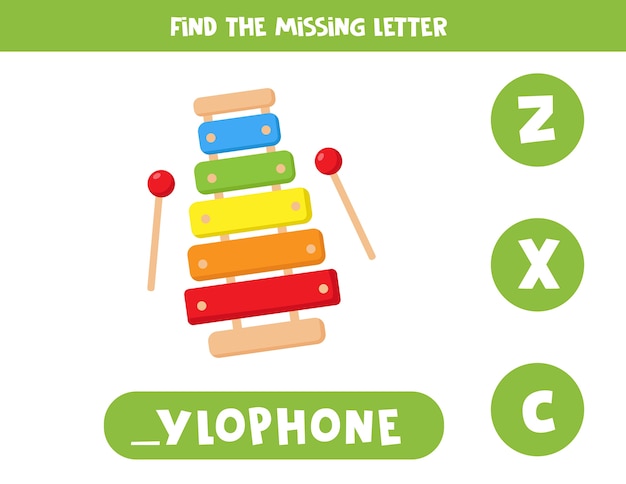 Vector vind ontbrekende brief met cartoon xylofoon. educatief spel voor kinderen. werkblad voor engelse spelling voor kleuters.