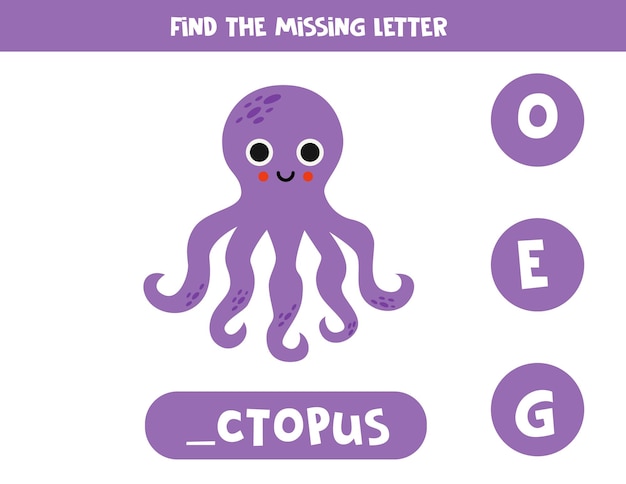 Vind ontbrekende letter met cartoon octopus Spelling-werkblad