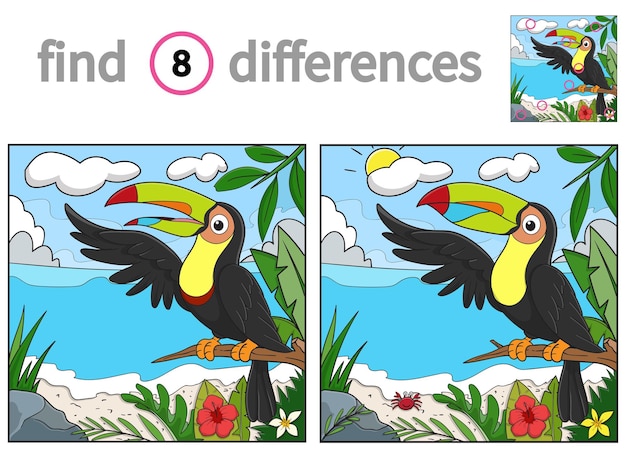 Vind verschillen educatief spel voor kinderen vectorillustratie van schattige toekan op het strand