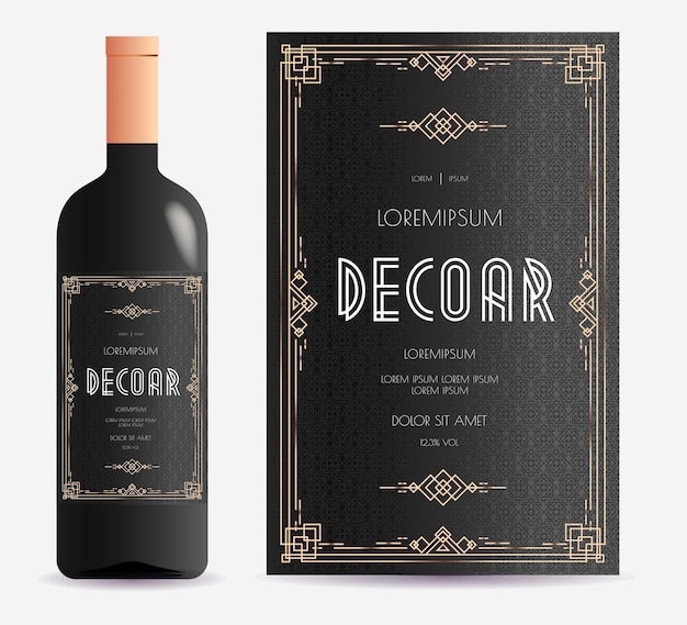 Vector vine label art deco style gold color black background