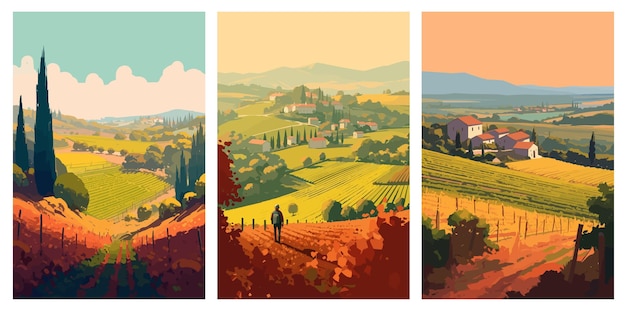 포도 ⁇  농장 마을 풍경 평평한 색상의 포스터 사회적 배너 또는 카드에 대한  ⁇ 터 일러스트레이션