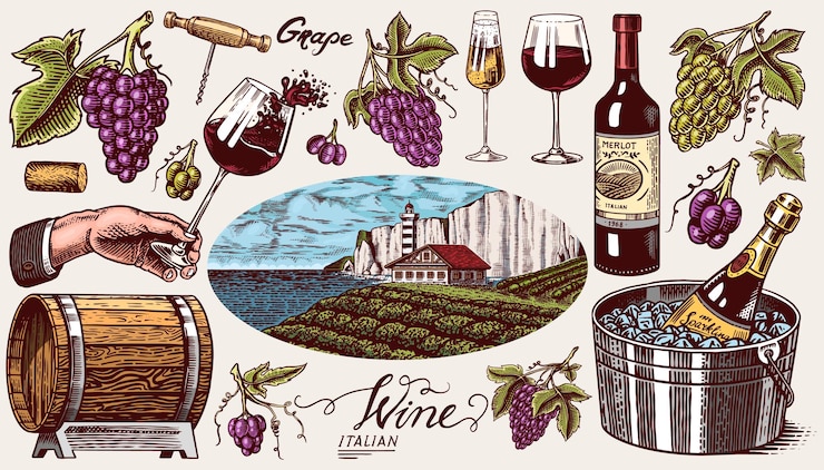 Vector vineyard and wine set ice bucket corkscrew cork grapes wooden barrel sparkling champagne bottle and glass cheers vine labels hand drawn engraved vintage sketch for poster restaurant menu