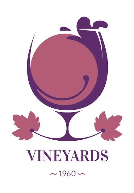 Vettore vigneti vinificazione logo con vino in vetro