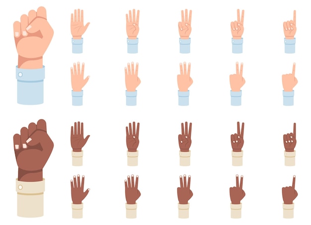 Vinger tellen. een aantal handen met tellingen op de vingers van één tot vijf illustratie.