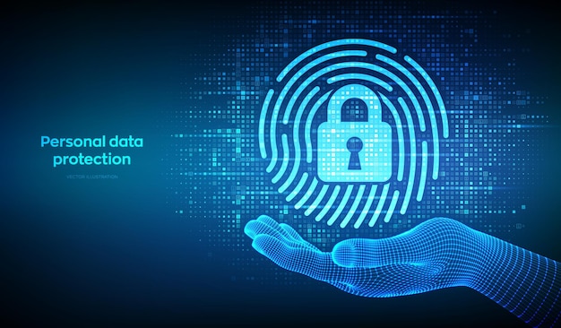 Vingerafdruk met hangslot icoon gemaakt met binaire code in wireframe hand Persoonlijke gegevensbescherming Cyber Security Biometrische identificatie Digitale achtergrond met cijfers 10 Vector illustratie