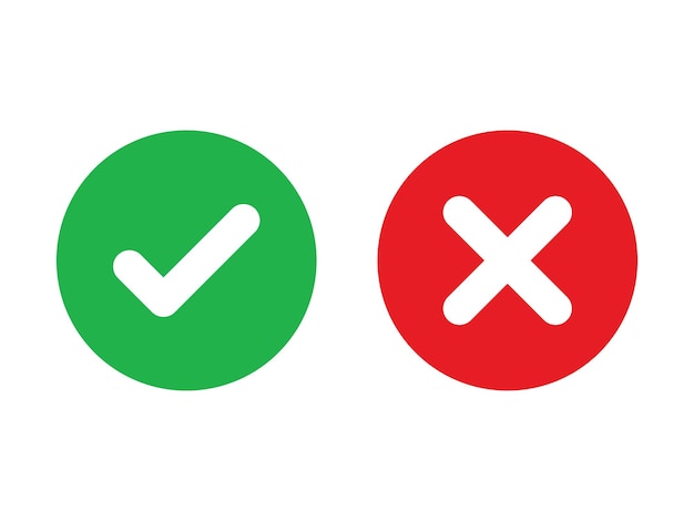 Vink het vinkje aan en kruis x-markering in cirkeltekens geïsoleerd op witte achtergrond vectorillustratie