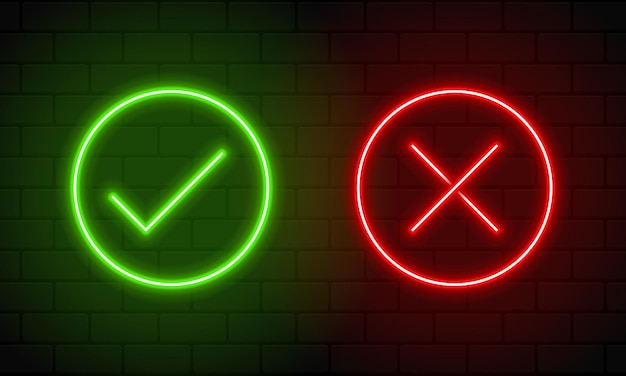 Vinkje en kruisteken in neonstijl. Groene teek en rode kruis vinkjes. Retro borden met gloeiend neon. vector illustratie