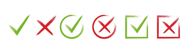 Vinkje of kruis pictogrammen Rood en groen vinkje Verkeerd en rechts grunge teken Ja en nee knop