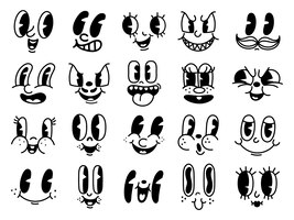 向量的50年代的卡通和漫画快乐的表情。老漫画动画有趣的脸。复古的古怪人物微笑emoji向量集