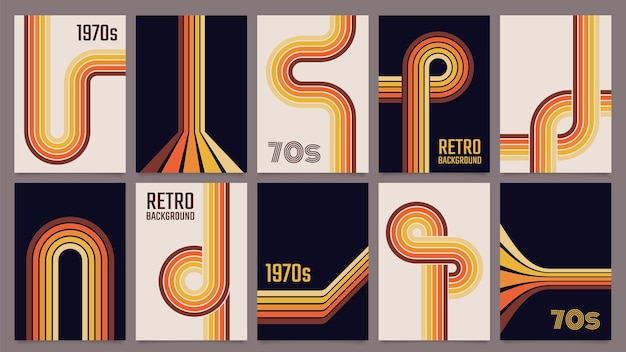 Vintage 70s geometric posters, abstract retro stripes backgrounds. Minimalist 1970s style color lines print or poster template vector set. Flowing wavy colorful paths for album cover