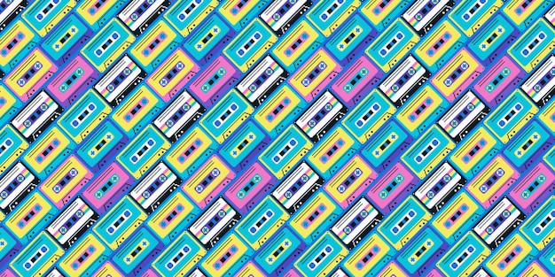 Vector vintage 80s cassette tape pixel seamless pattern