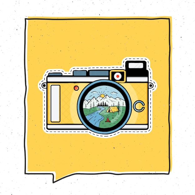 Vintage adventure badge illustration design. outdoor emblem with camping scene inside the retro camera. unusual hipster style patch. stock vector.