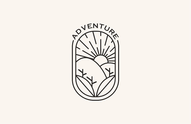 Vintage Adventure mountain badge logo sjabloon lijn kunststijl.