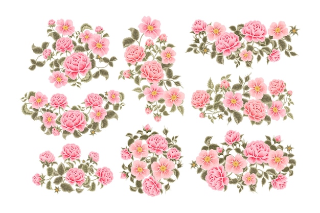 ビンテージの美的パステル ピンクのバラと花の花束アレンジメント イラスト集
