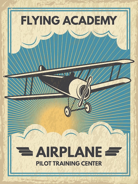 Vintage aircaft poster.  illustration. Retro banner with airplane fly