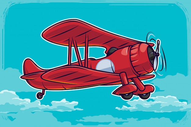 Vector vintage airplane illustration with blue sky
