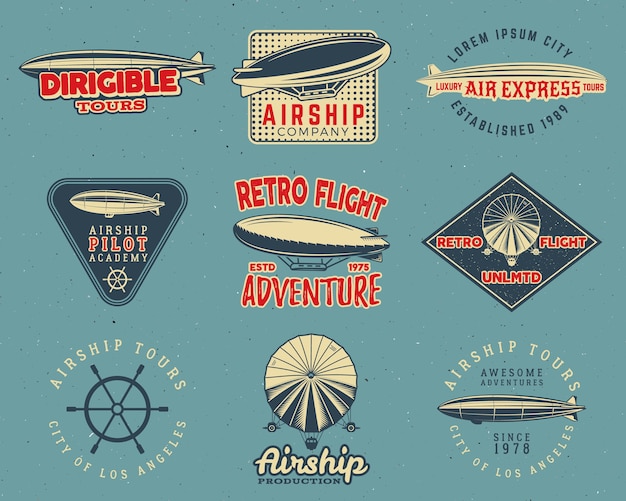 Vector vintage airship logo designs set. retro dirigible badges collection.