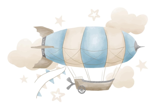 Вектор Винтажный дирижабль с гирляндами и облаками в пастельно-синих и бежевых тонах на изолированном фоне ручной рисунок акварелью для поздравительных открыток детского душа ретро аэростат в стиле стимпанк