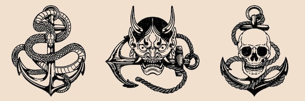 Vector vintage anchor with skull snake oni isolated vector illustration clipart