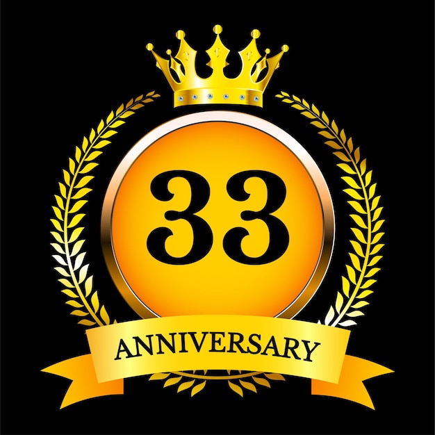 Emblema dell'anniversario vintage 33° oro e nero con corona e ghirlanda