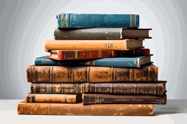 Vintage antiquarian books pile on wooden surface in warm directional light Selective focus