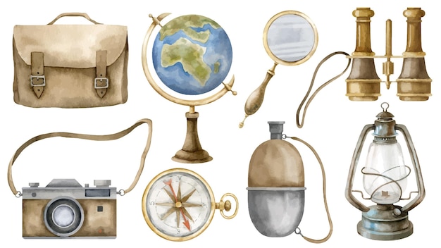 Vintage apparatuur set Handgetekende aquarel illustratie van retro globe vergrootglas en lantaarn op witte geïsoleerde achtergrond Oude instrumenten voor navigatie, reizen en de wetenschap voor clipart