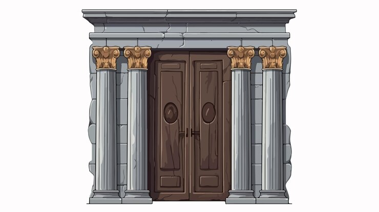 Vector vintage architectural drawing of old door and column in cartoon style