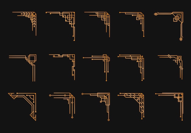 Урожай арт-деко угловой набор. Золотой геометрический шаблон в стиле 1920-х годов, уголки артдеко для границ и рамок. Приглашение, элементы приветствия водоворота, произведения искусства туши барокко. ,