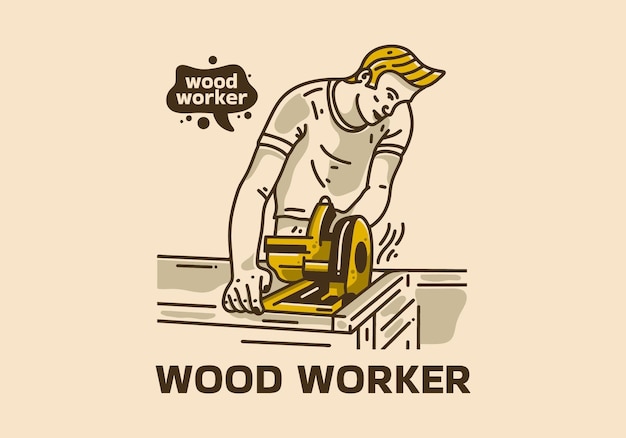 Vector vintage art illustration of man sawing wood with chainsaw