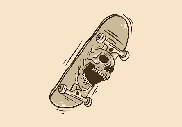 Винтажная художественная иллюстрация скейтборда и черепа