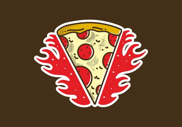 Vintage art illustration sticker of pizza slice with fire flames