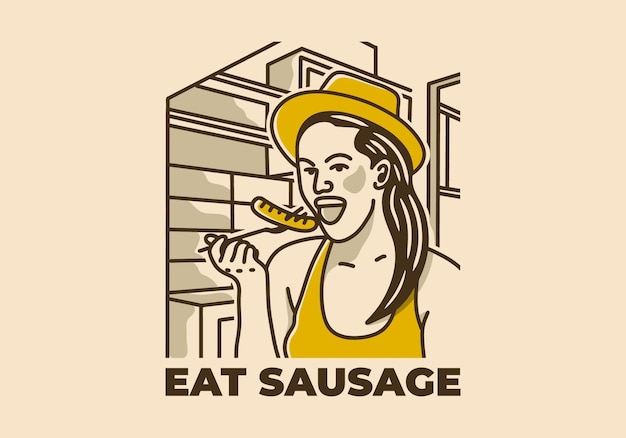Vintage art illustration of woman eating sausage
