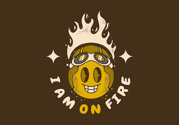 불길과 파일럿 헬멧을 착용하는 노란색 공 캐릭터의 빈티지 아트 그림