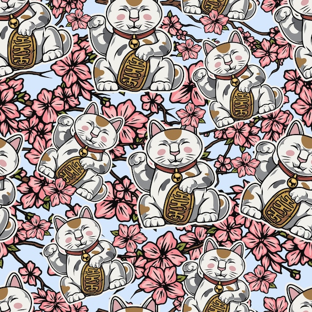 Vintage asian colorful seamless pattern with lucky cats and sakura branches with flowers