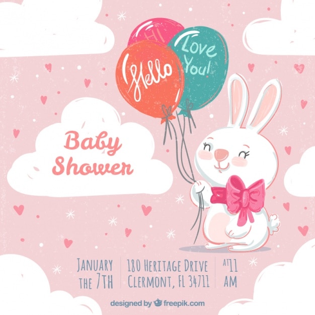 Vintage baby shower invitation with rabbit and balloons