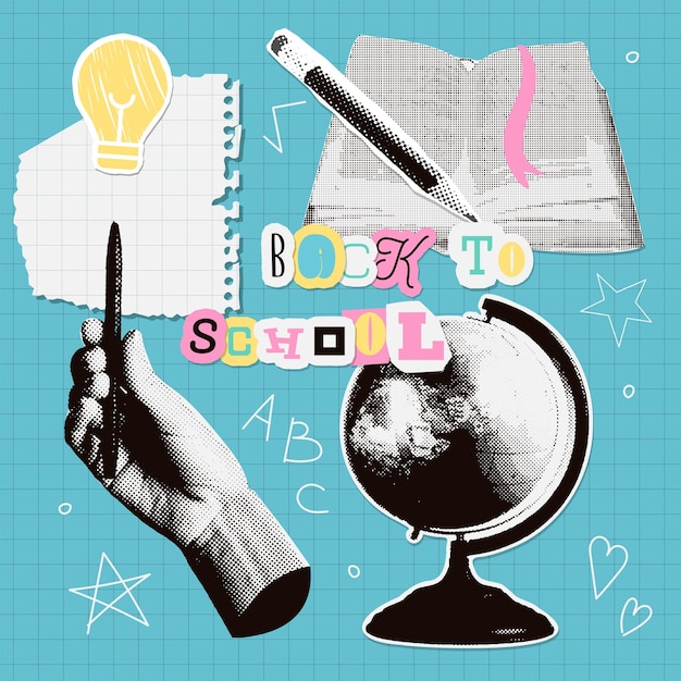 vintage back to school halftone collage elements set torn put paper hand holding pencil school