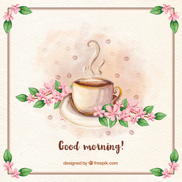 Vector vintage background of good morning with coffee and flowers