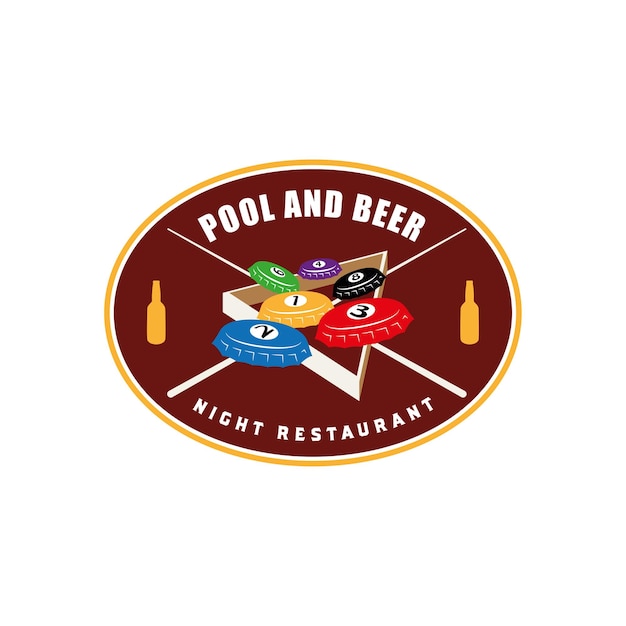 Logo vintage distintivo per birra e pub ristorante piscina con tappi di bottiglia e palla da biliardo