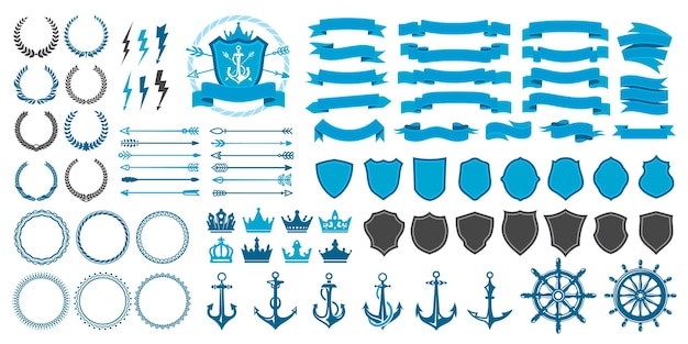 Vintage badge seal laurel wreath and crown arrow anchor and shield vector objects Marine nautical or naval heraldic symbols and heraldry signs for royal yacht club with ship anchor and helm