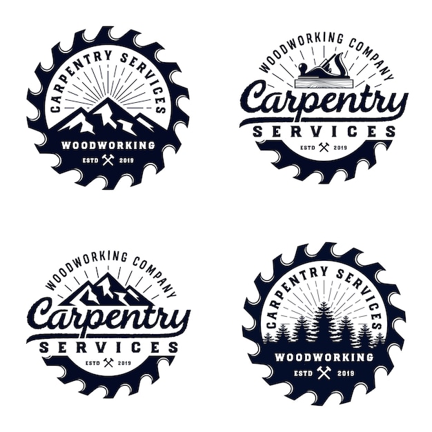 Vector vintage badge wood carpentry logo template with mountain element