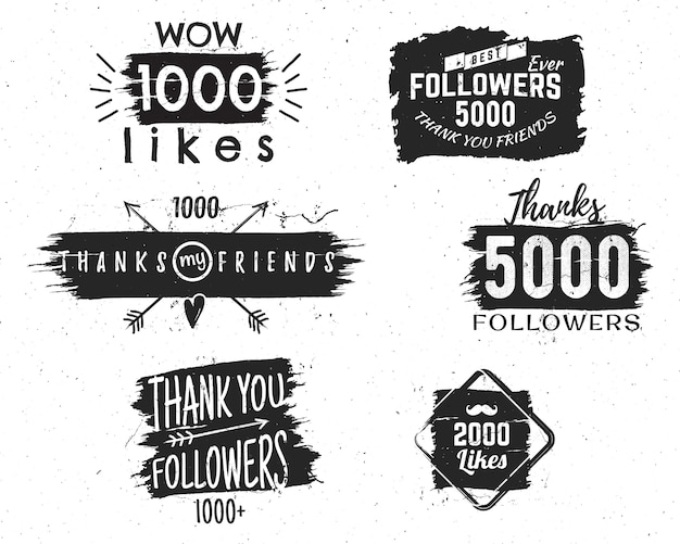 Vintage badges and signs with different social media quotes, thanks for followers