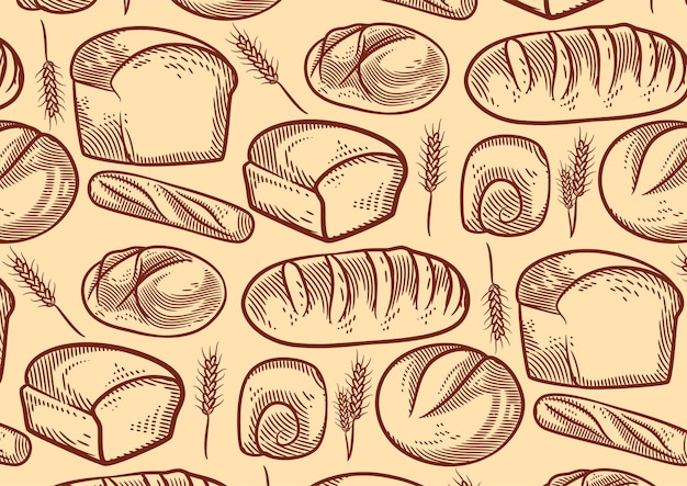 Вектор Винтажный фон пекарни с набросками векторной иллюстрации хлеба. меню пекарни или пекарни