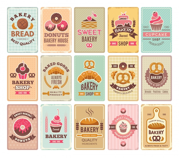 Vintage bakery cards. Delicious pastries cafe shop and cakes labels
