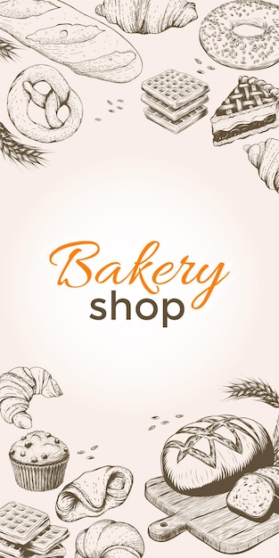 Vintage Bakery shop template banner background with bakery product in engraving hand drawnsketch