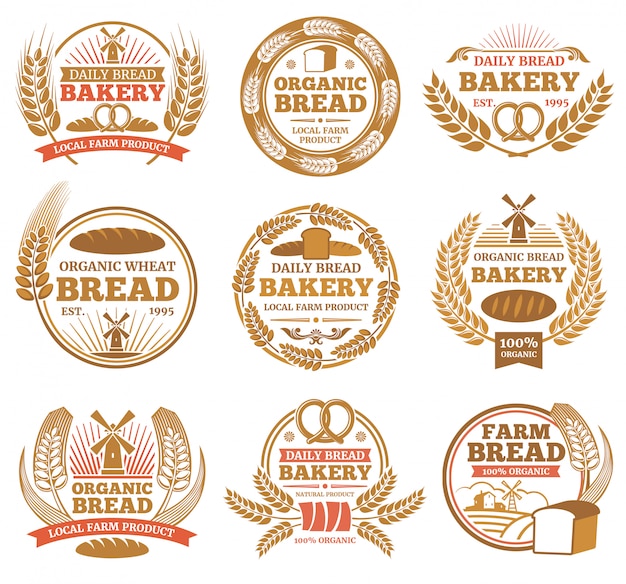 Vintage bakkerij etiketten met tarwe oren en brood symbolen. bakkerij vintage badge en embleem illustratie