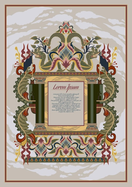 빈티지 발리와 자바 중세 책 테두리 프레임 또는 꽃 무늬와 괴물 무늬가 있는 레이블