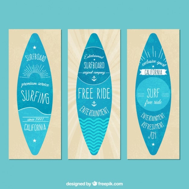 Vintage banners met surfplanken in plat ontwerp